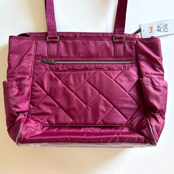 Lug Trotter Tote Bag Raspberry Red/Wine with Evermore Flora Green Interior - Picture 12 of 13